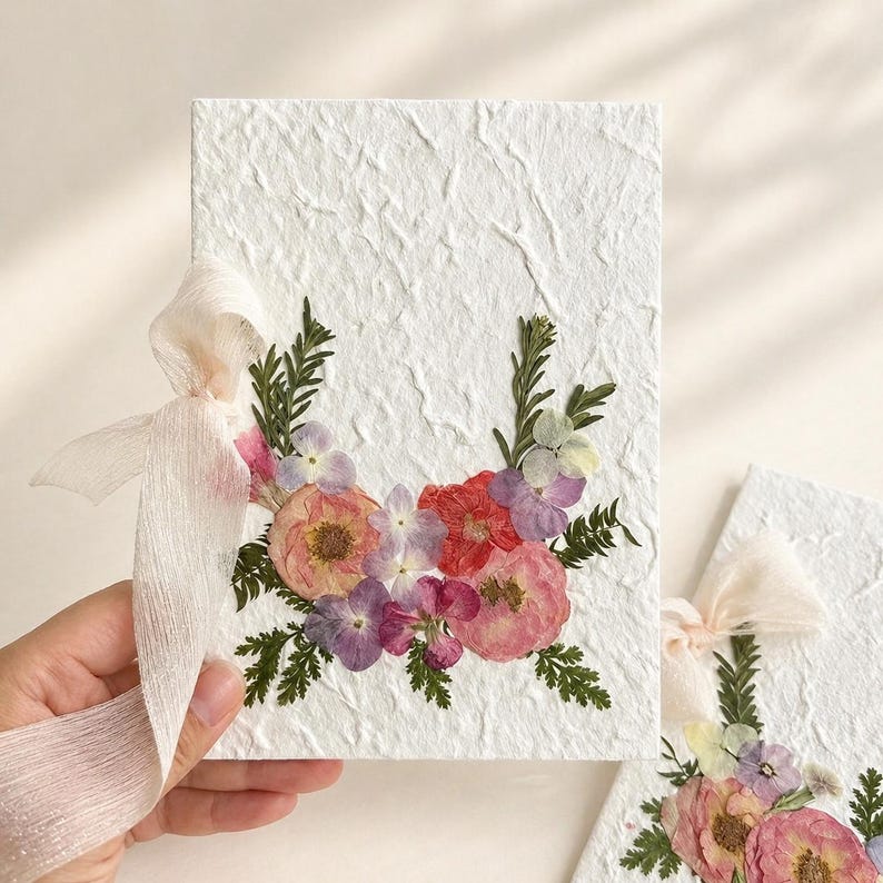 Grußkarte mit echten Trockenblumen, handgefertigte botanische Kunst, Hochzeitskarte, 20 x 14 cm