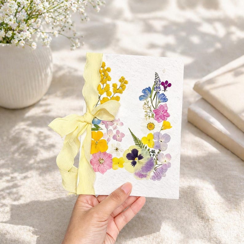 Hochzeitskarte mit gepressten Blumen, botanische Einladung, Grußkarte für Geburtstag, Genesung, 20x14 cm