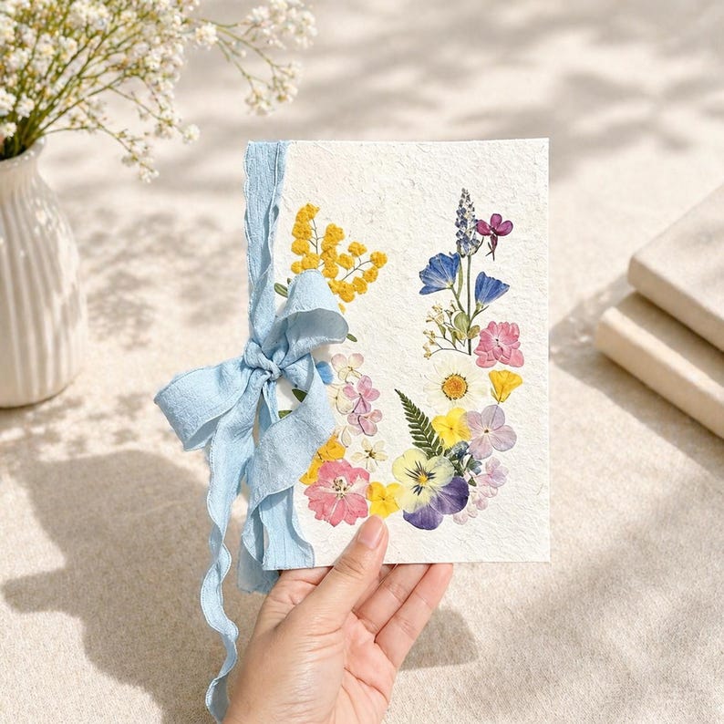 Hochzeitskarte mit gepressten Blumen, botanische Einladung, Grußkarte für Geburtstag, Genesung, 20x14 cm