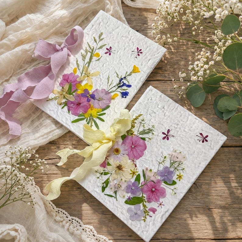 Grußkarte mit echten gepressten Blumen, handgefertigt, botanische Kunst, 20 x 14 cm, Hochzeitskarte, Erinnerungsgeschenk
