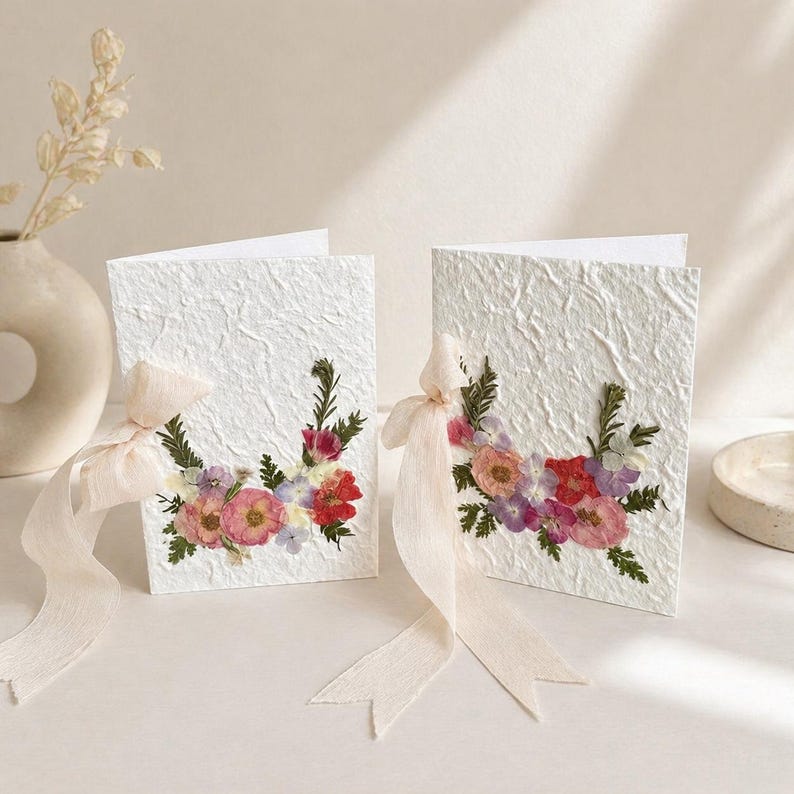 Grußkarte mit echten Trockenblumen, handgefertigte botanische Kunst, Hochzeitskarte, 20 x 14 cm