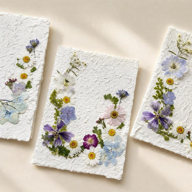 Handgefertigte Grußkarte mit echten gepressten Blumen, botanische Kunst, Hochzeitskarte, 20 x 14 cm