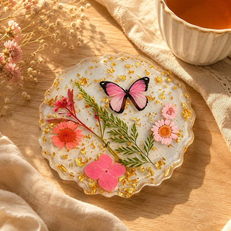 Resin Placemat with Real Dried Flowers Butterfly Gold Flakes, Handmade Coaster, Table Decor