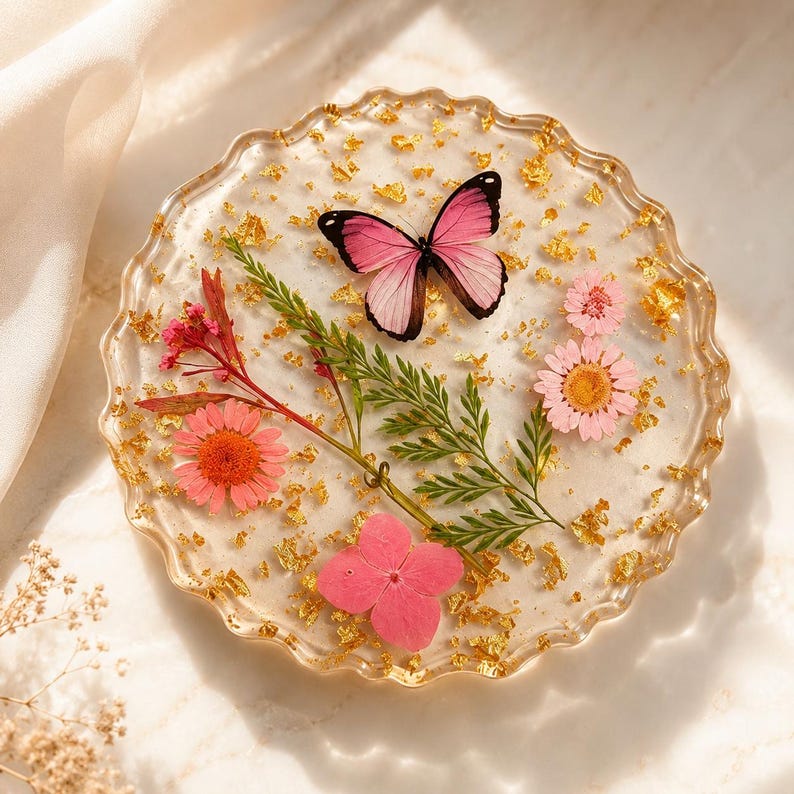 Resin Placemat with Real Dried Flowers Butterfly Gold Flakes, Handmade Coaster, Table Decor