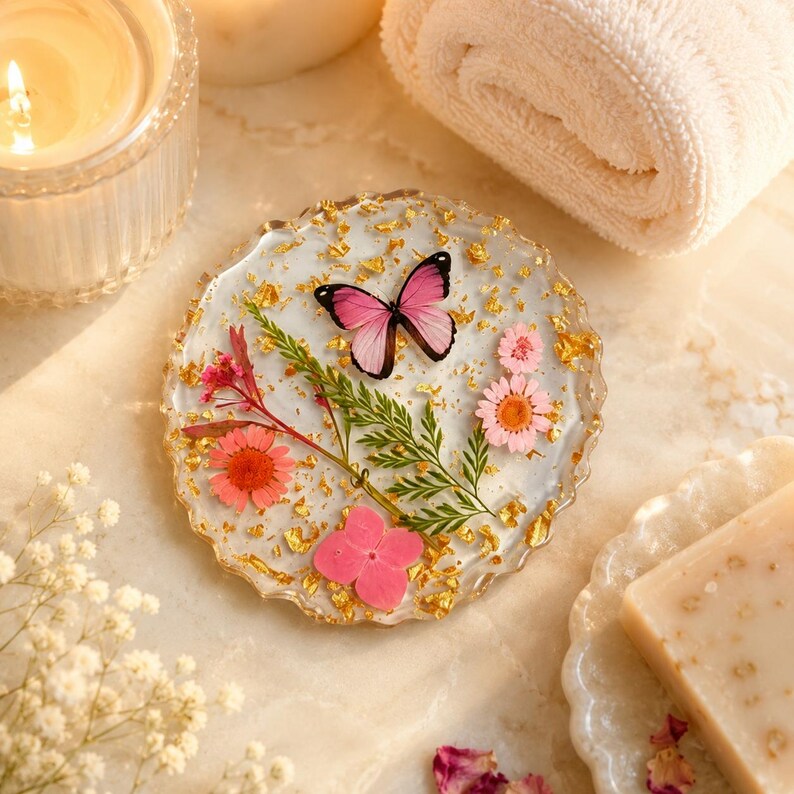 Resin Placemat with Real Dried Flowers Butterfly Gold Flakes, Handmade Coaster, Table Decor