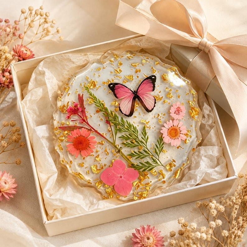 Resin Placemat with Real Dried Flowers Butterfly Gold Flakes, Handmade Coaster, Table Decor
