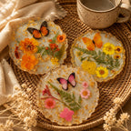Harz Untersetzer mit echten getrockneten Blumen, Schmetterling und Goldflocken, Tischdekoration, 10cm Durchmesser