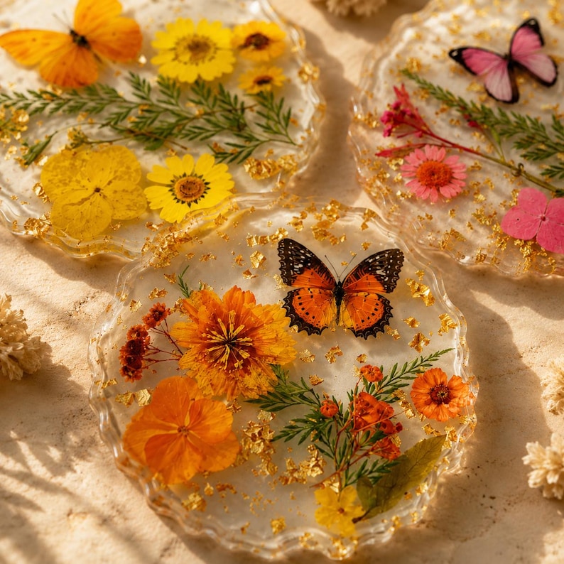 Harz Untersetzer mit echten getrockneten Blumen, Schmetterling und Goldflocken, Tischdekoration, 10cm Durchmesser