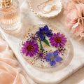 Getrocknete Blumen Harz Untersetzer mit Goldflocken, Lila, Handgemacht