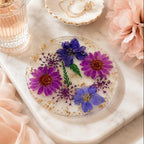 Getrocknete Blumen Harz Untersetzer mit Goldflocken, Lila, Handgemacht