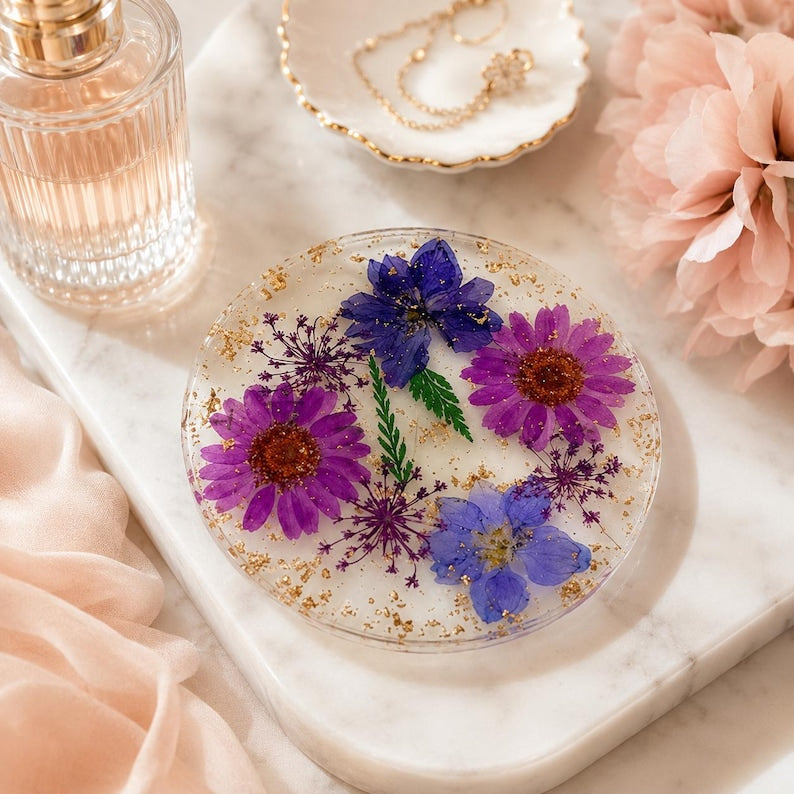 Getrocknete Blumen Harz Untersetzer mit Goldflocken, Lila, Handgemacht