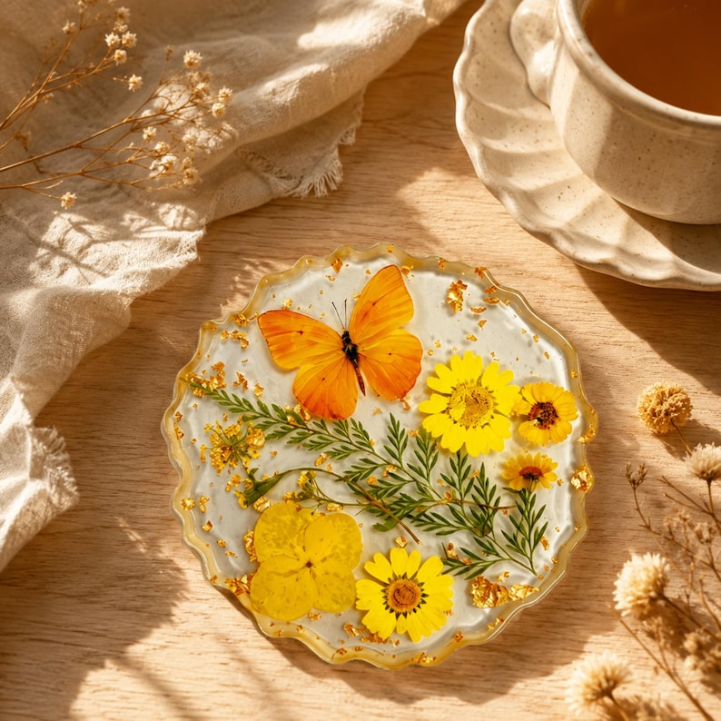 Epoxidharz Untersetzer mit getrockneten Blumen, Schmetterlingen und Goldflocken