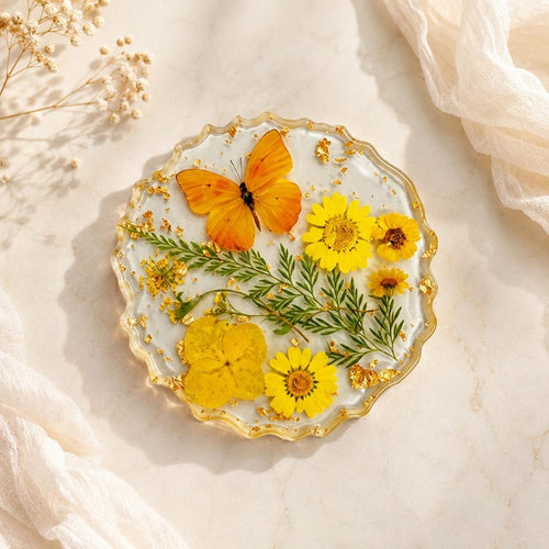 Epoxidharz Untersetzer mit getrockneten Blumen, Schmetterlingen und Goldflocken