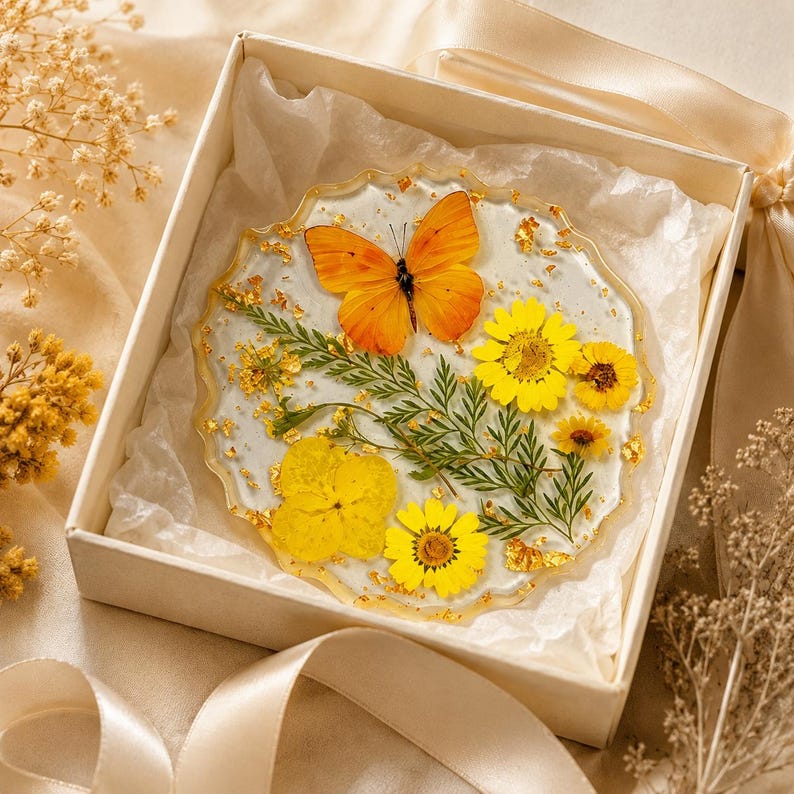 Epoxidharz Untersetzer mit getrockneten Blumen, Schmetterlingen und Goldflocken