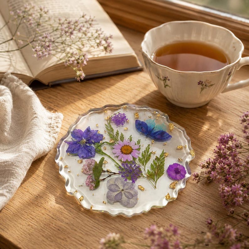 Handgemachter Harz Untersetzer mit Getrockneten Blumen und Goldflocken, Wasserdicht, Hitzebeständig, 10 cm, für Gläser und Tassen