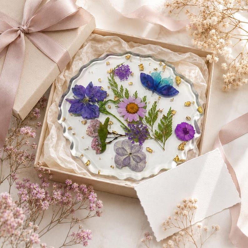 Handgemachter Harz Untersetzer mit Getrockneten Blumen und Goldflocken, Wasserdicht, Hitzebeständig, 10 cm, für Gläser und Tassen