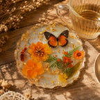 Harz Untersetzer mit echten getrockneten Blumen, Schmetterling und Goldflocken, Tischdekoration, 10cm Durchmesser