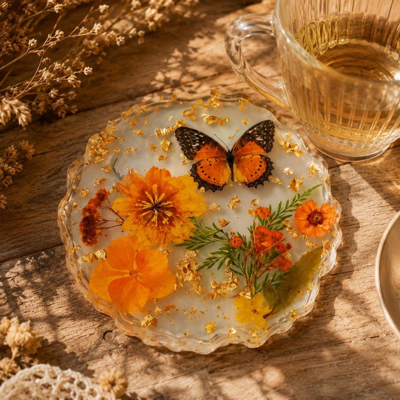 Harz Untersetzer mit echten getrockneten Blumen, Schmetterling und Goldflocken, Tischdekoration, 10cm Durchmesser
