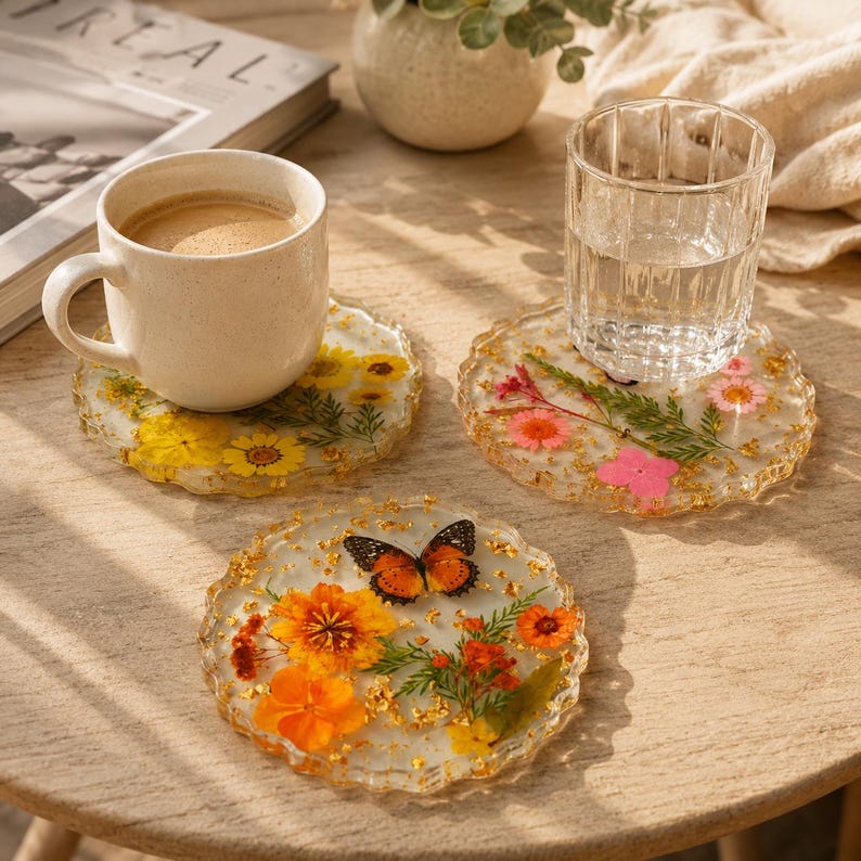 Harz Untersetzer mit echten getrockneten Blumen, Schmetterling und Goldflocken, Tischdekoration, 10cm Durchmesser