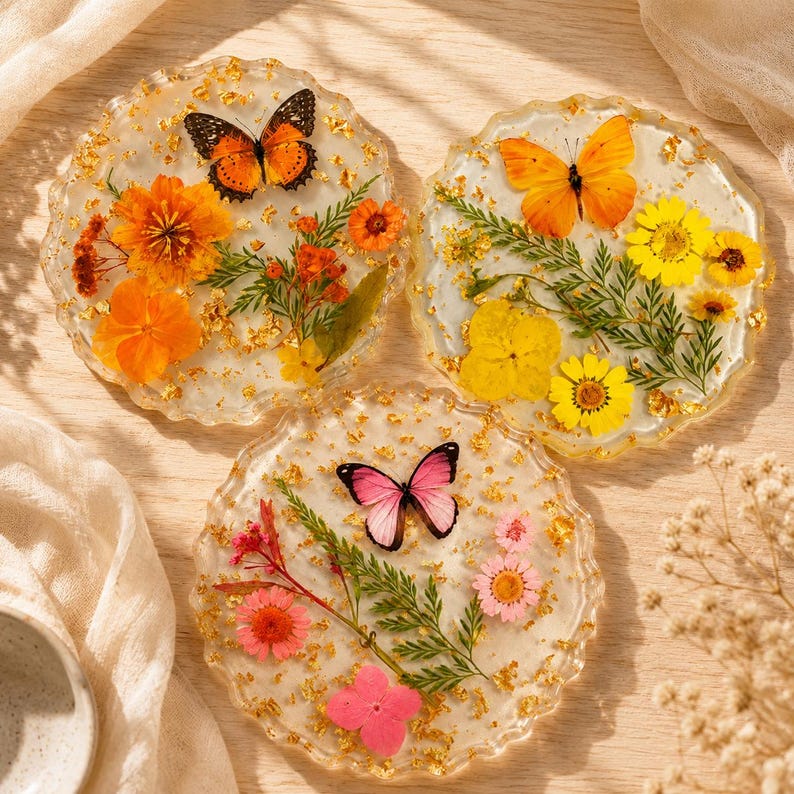 Harz Untersetzer mit echten getrockneten Blumen, Schmetterling und Goldflocken, Tischdekoration, 10cm Durchmesser