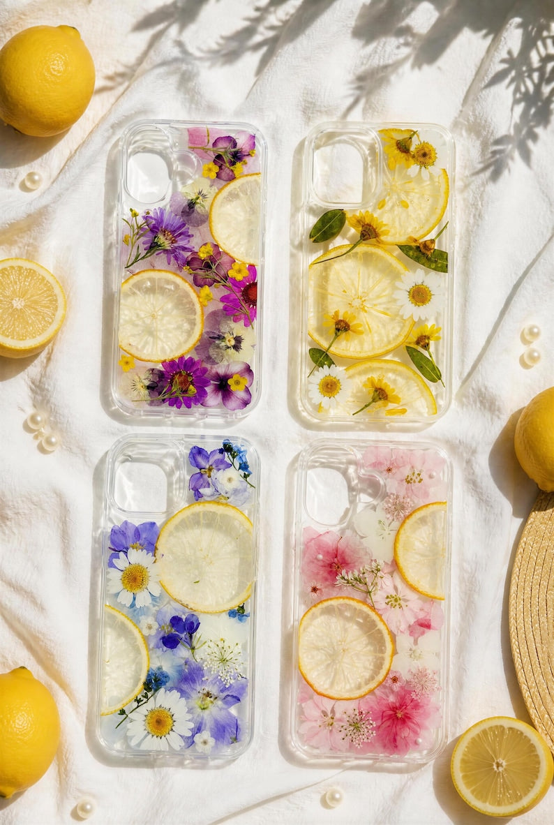 Echte Gepresste Blumen Zitrone iPhone Hülle, Botanische Harz Handyhülle, Cottagecore Sommer Floral Case
