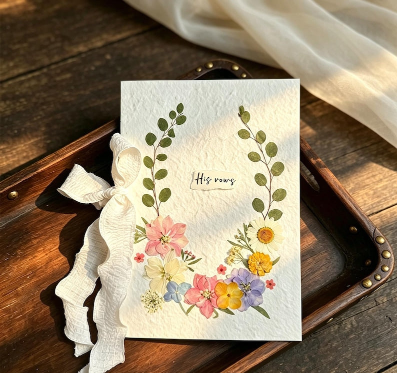 Ehegelübdebuch mit echten gepressten Blumen, handgefertigtes Baumwollpapier, Brautpaar-Gelübde, Erinnerungsgeschenk für Zeremonie, 20 x 15 cm