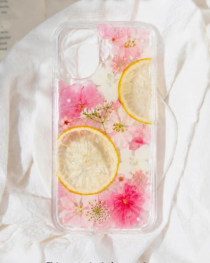 Echte Gepresste Blumen Zitrone iPhone Hülle, Botanische Harz Handyhülle, Cottagecore Sommer Floral Case