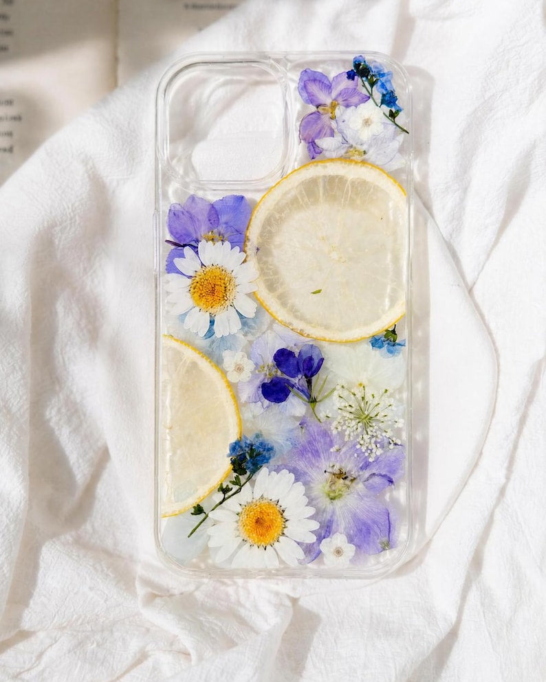 Echte Gepresste Blumen Zitrone iPhone Hülle, Botanische Harz Handyhülle, Cottagecore Sommer Floral Case