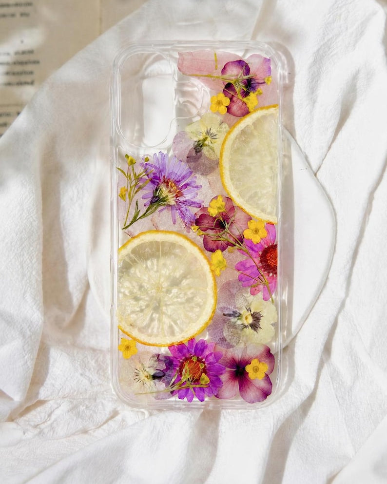 Echte Gepresste Blumen Zitrone iPhone Hülle, Botanische Harz Handyhülle, Cottagecore Sommer Floral Case