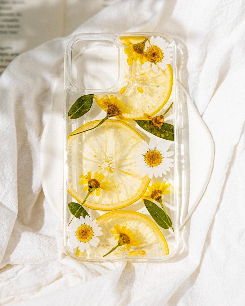 Echte Gepresste Blumen Zitrone iPhone Hülle, Botanische Harz Handyhülle, Cottagecore Sommer Floral Case