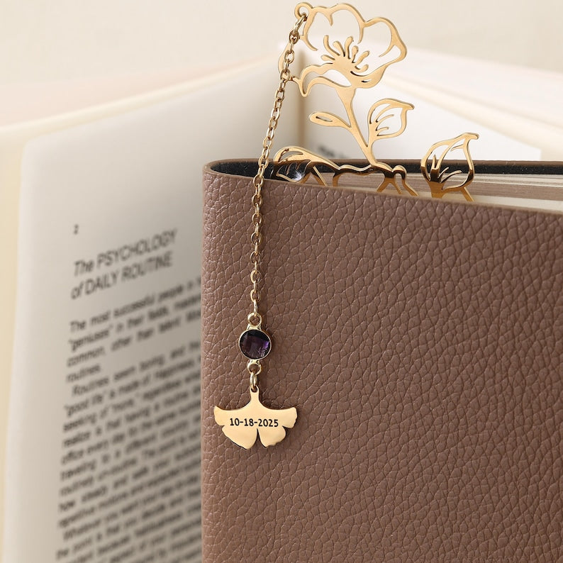 Lesezeichen mit Geburtsblume und Initialen, Metallrahmen mit konservierter Blume, personalisierte Gravur, Geschenk für Bücherliebhaber, Lehrer, Schulanfang, Abschluss, Geburtstag, Weihnachten