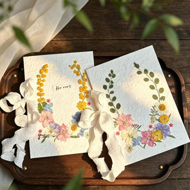 Ehegelübdebuch mit echten gepressten Blumen, handgefertigtes Baumwollpapier, Brautpaar-Gelübde, Erinnerungsgeschenk für Zeremonie, 20 x 15 cm