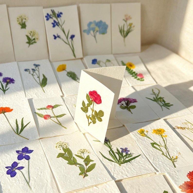 10 Grußkarten mit gepressten Blüten, botanische Blumenkunst, 15 x 10 cm, inkl. Umschläge