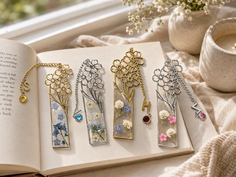 Lesezeichen mit Blumenmotiv aus Harz mit echten Trockenblumen, handgefertigt, für Bücherliebhaber, Lehrer, Studenten, Geschenk