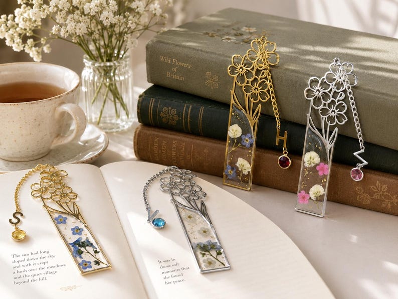 Lesezeichen mit Blumenmotiv aus Harz mit echten Trockenblumen, handgefertigt, für Bücherliebhaber, Lehrer, Studenten, Geschenk